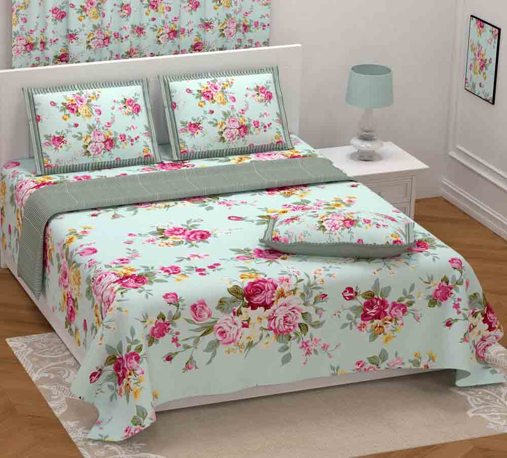 Image of Aqua Blossom Pure Cotton Super King Size Bedsheet