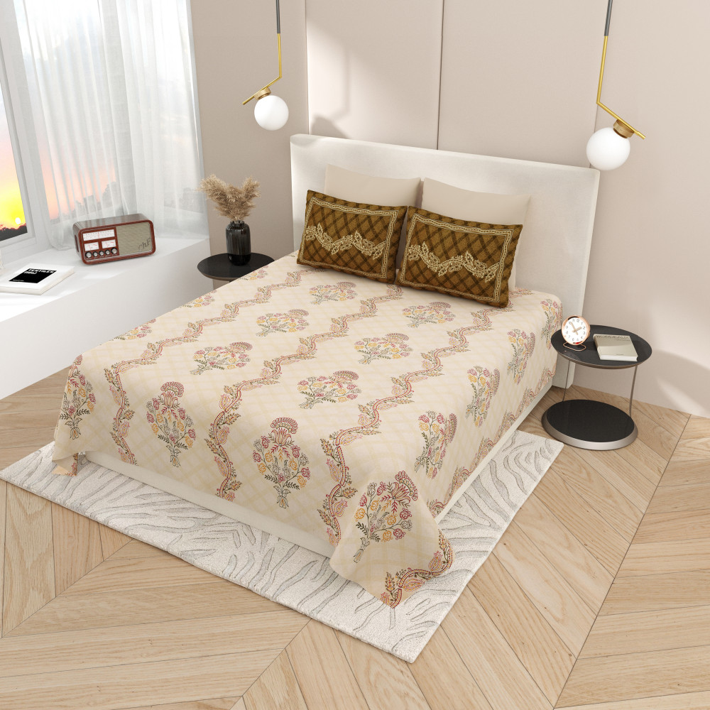Image of Beige Vine Pure Cotton Super King Size Bedsheet