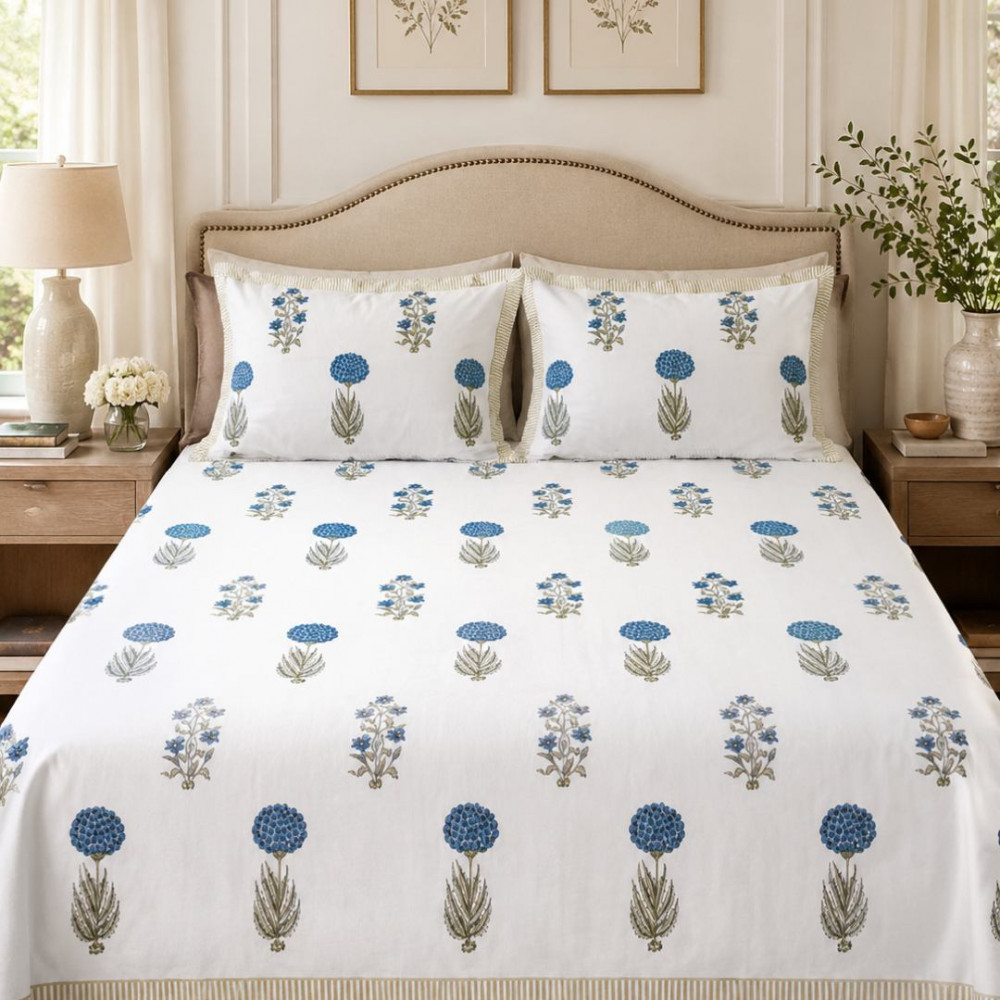 Image of Blue Bloom Percale Cotton Handblock Super King Size Bedsheet