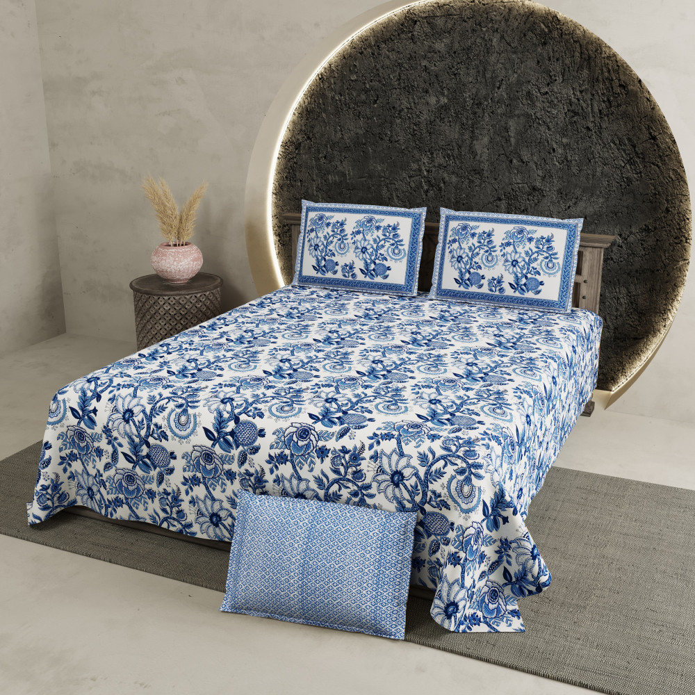 Image of Blue Porcelain Pure Cotton Super King Size Bedsheet