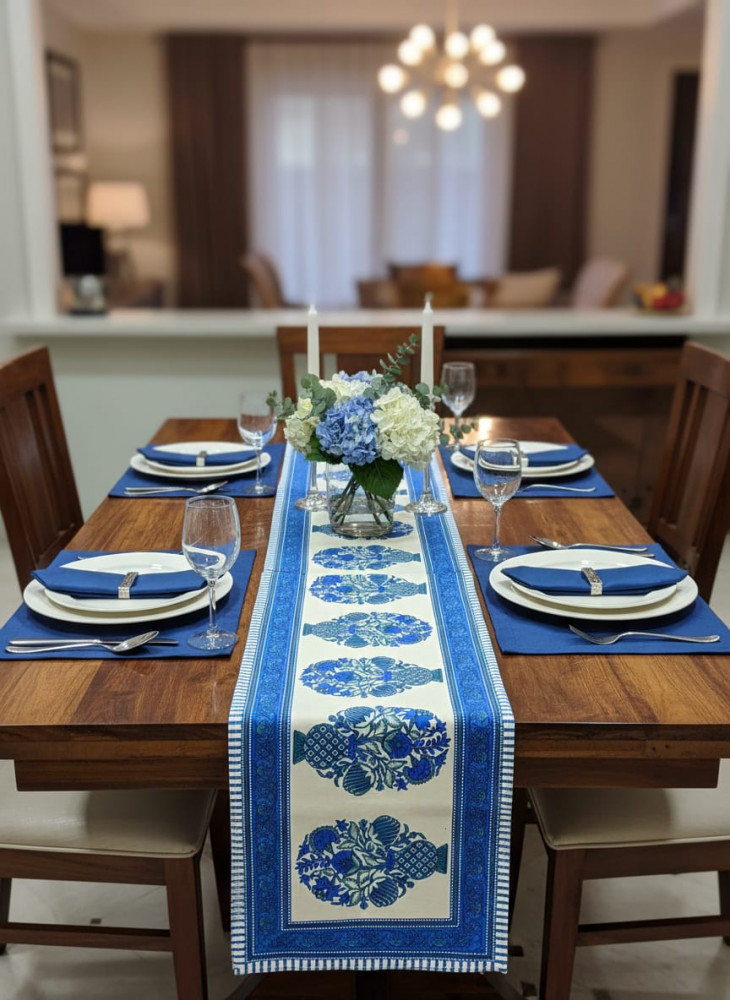 Image of Blue Vase Handblock Canvas Cotton Table Runner