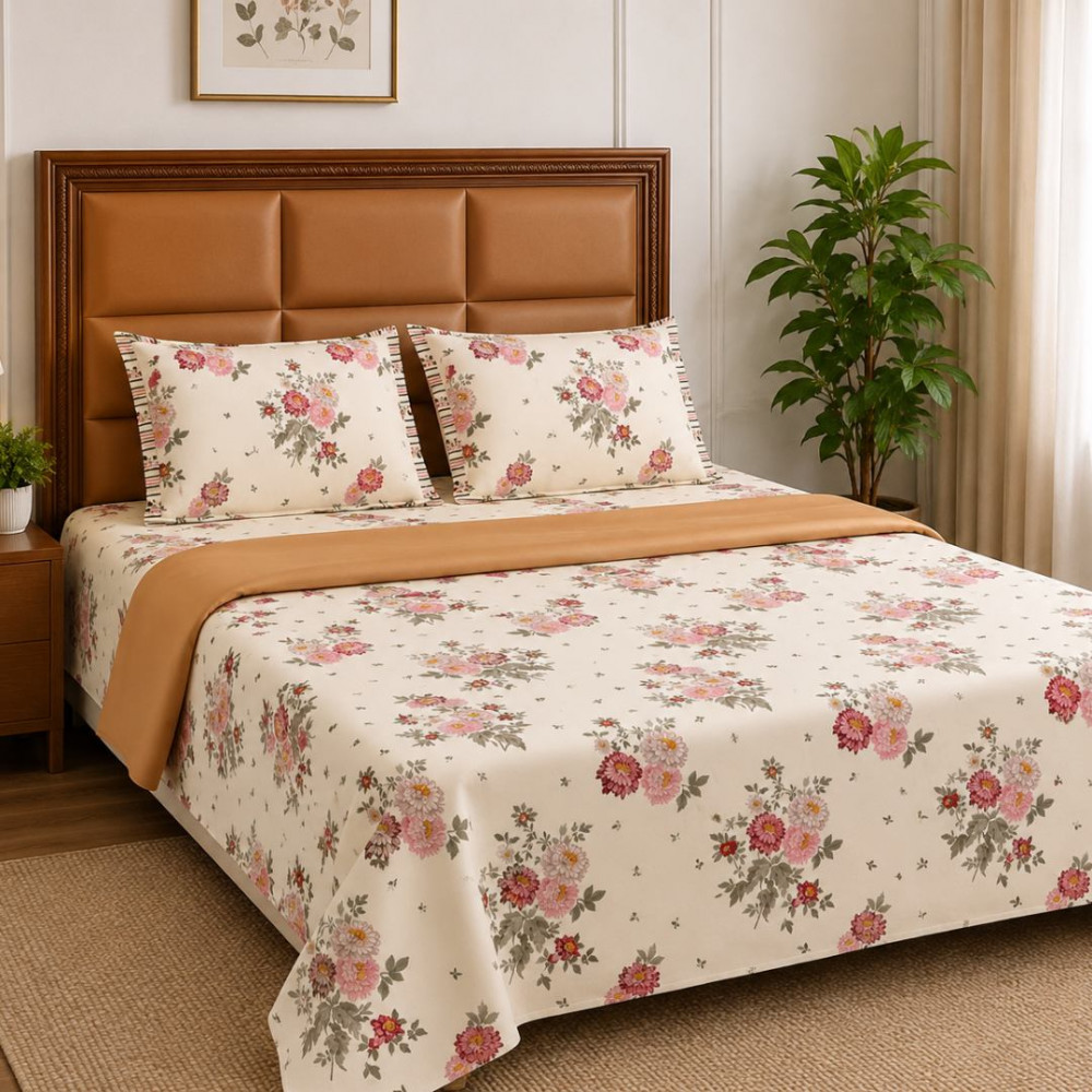 Image of Blush Bloom Super King Size Twill Cotton Bedsheet