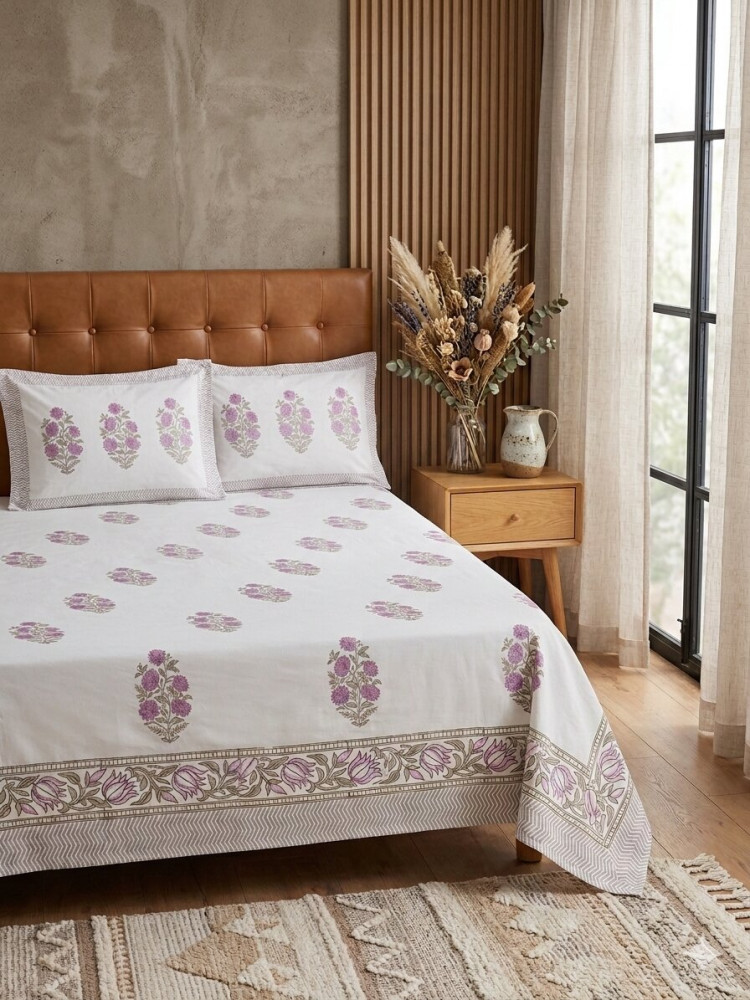 Image of Blush Buta Percale Cotton Handblock King Size Bedsheet