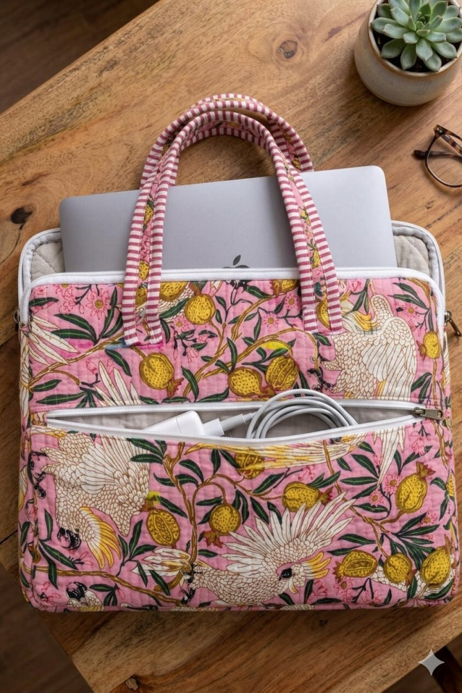 Image of Blush Cotton Quilted Laptop Bag -12 x 16 inches