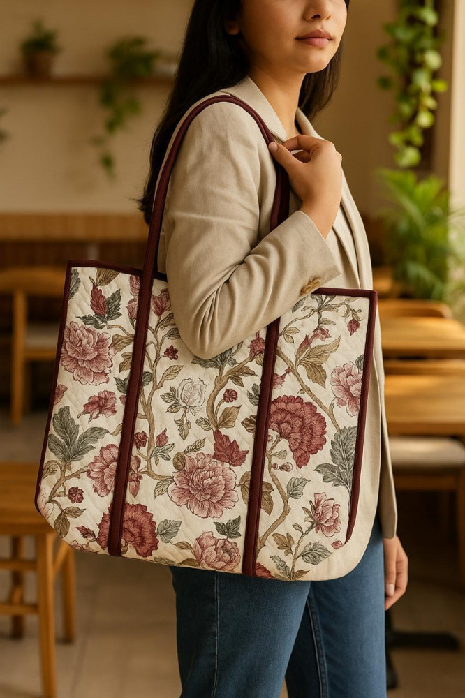Image of Blush Garden Cotton  Quilted Tote Bag with zip clousure