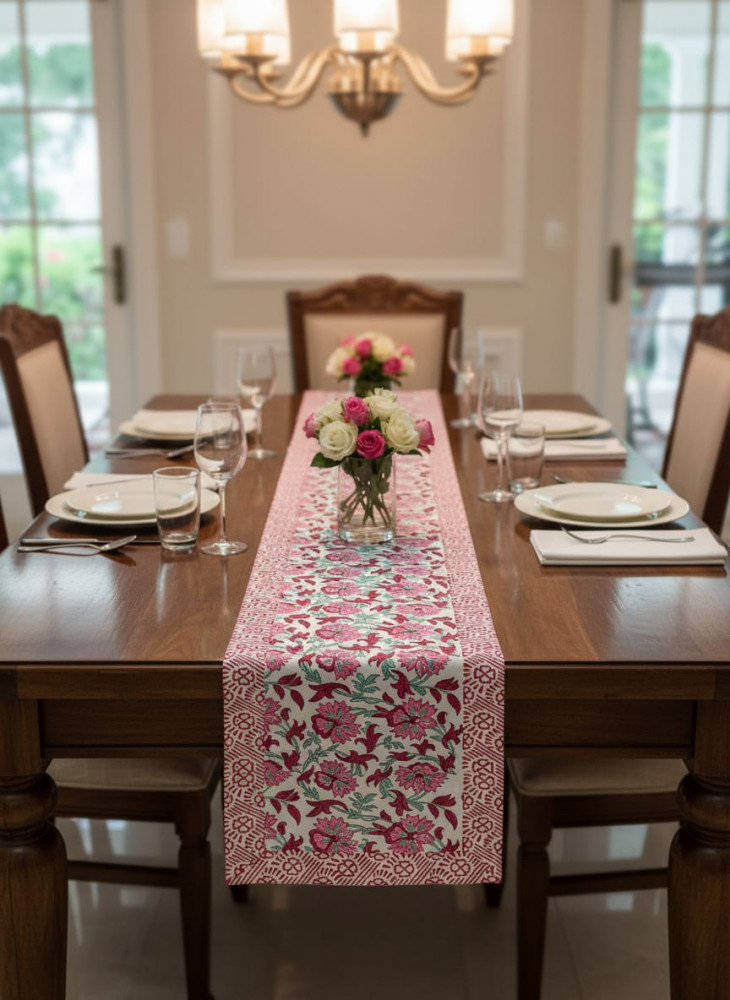 Image of Blush Vine Handblock Canvas Cotton Table Runner