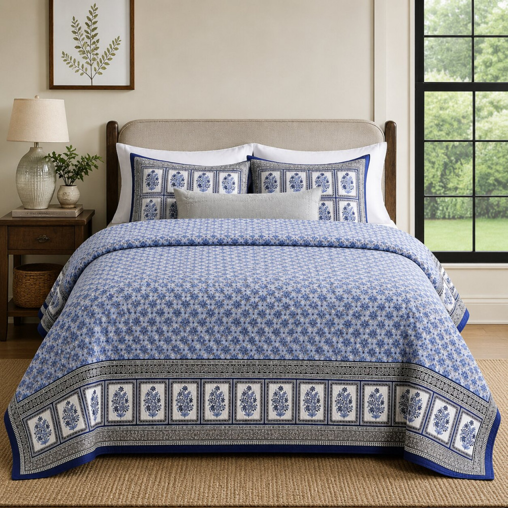 Image of Indigo Patchwork Pure Cotton Quilted Bedcover