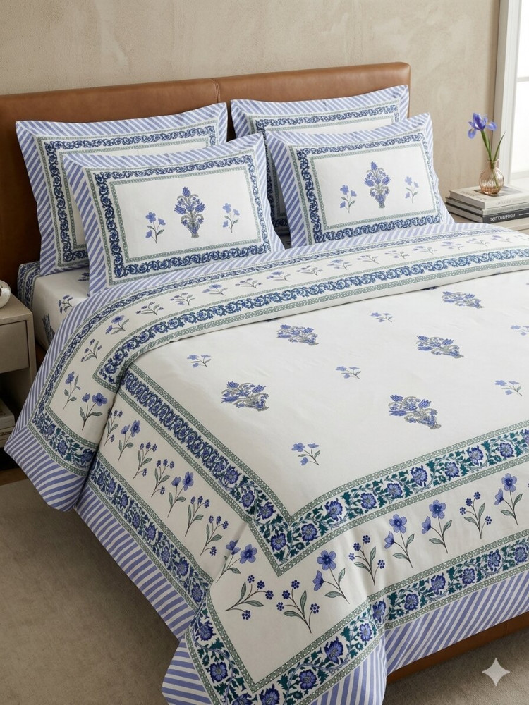 Image of Classic Blue Percale Cotton Super King Size Bedsheet
