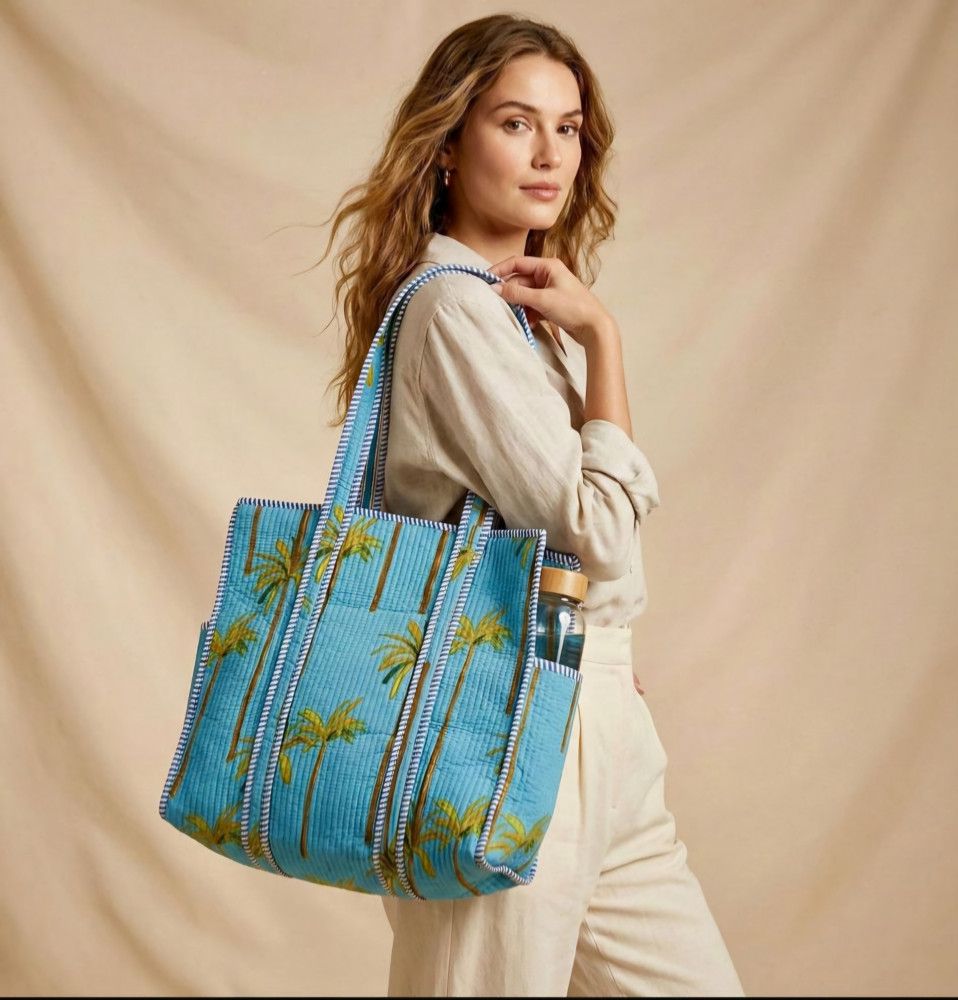 Image of Coastal Palm Cotton  Quilted Tote Bag with zip clousure and side pocket