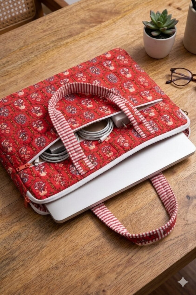 Image of Crimson Cotton Quilted Laptop Bag -12 x 16 inches