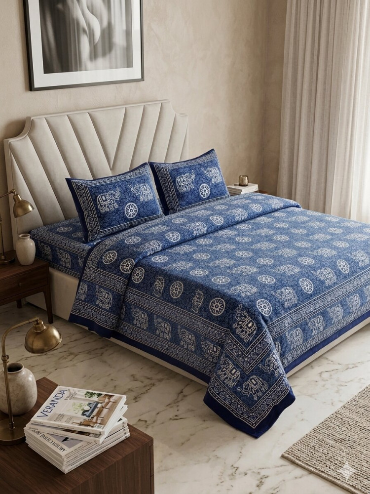 Image of Elephant Indigo Queen Size Bedsheet