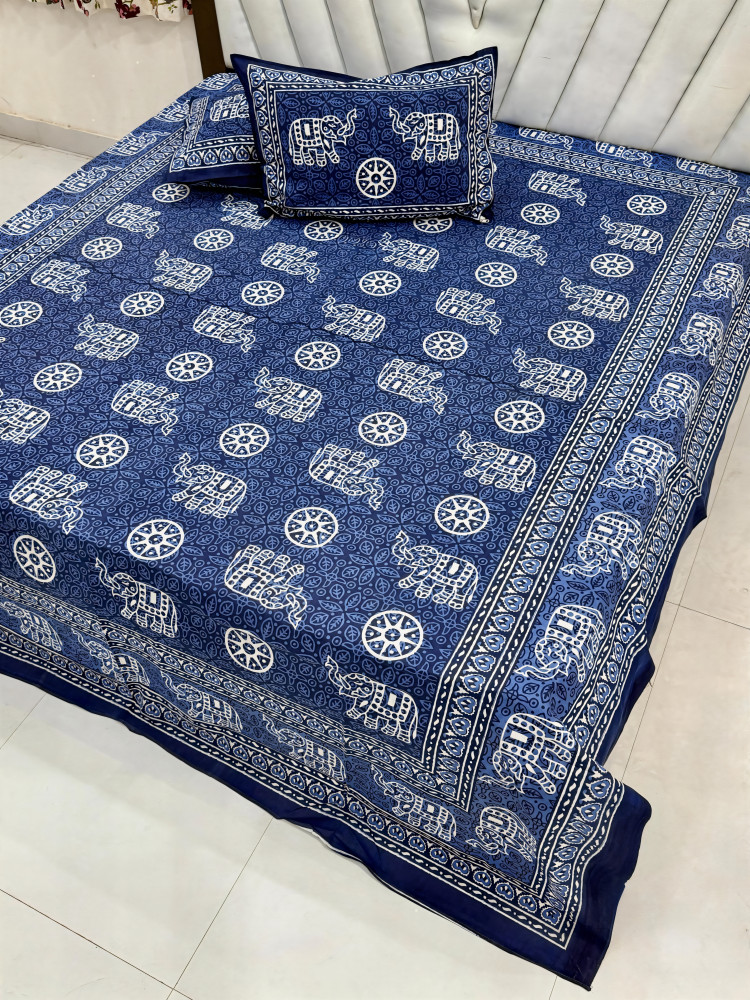 Image of Elephant Indigo Queen Size Bedsheet