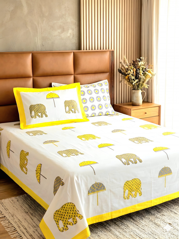 Image of Elephant Parade  Percale Cotton Handblock King Size Bedsheet