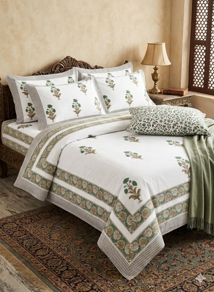 Image of Emerald Buta Percale Cotton Handblock King Size Bedsheet