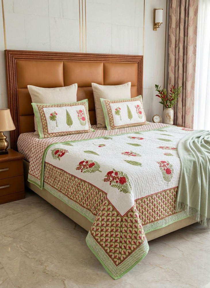Image of Emerald Buta Pure Cotton Handblock Quilted Bedcover