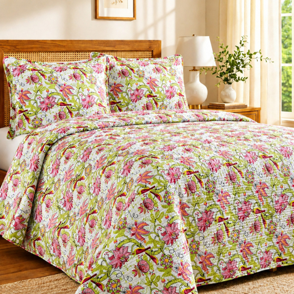 Image of Vintage Bird Print Pure Cotton Quilted Bedcover