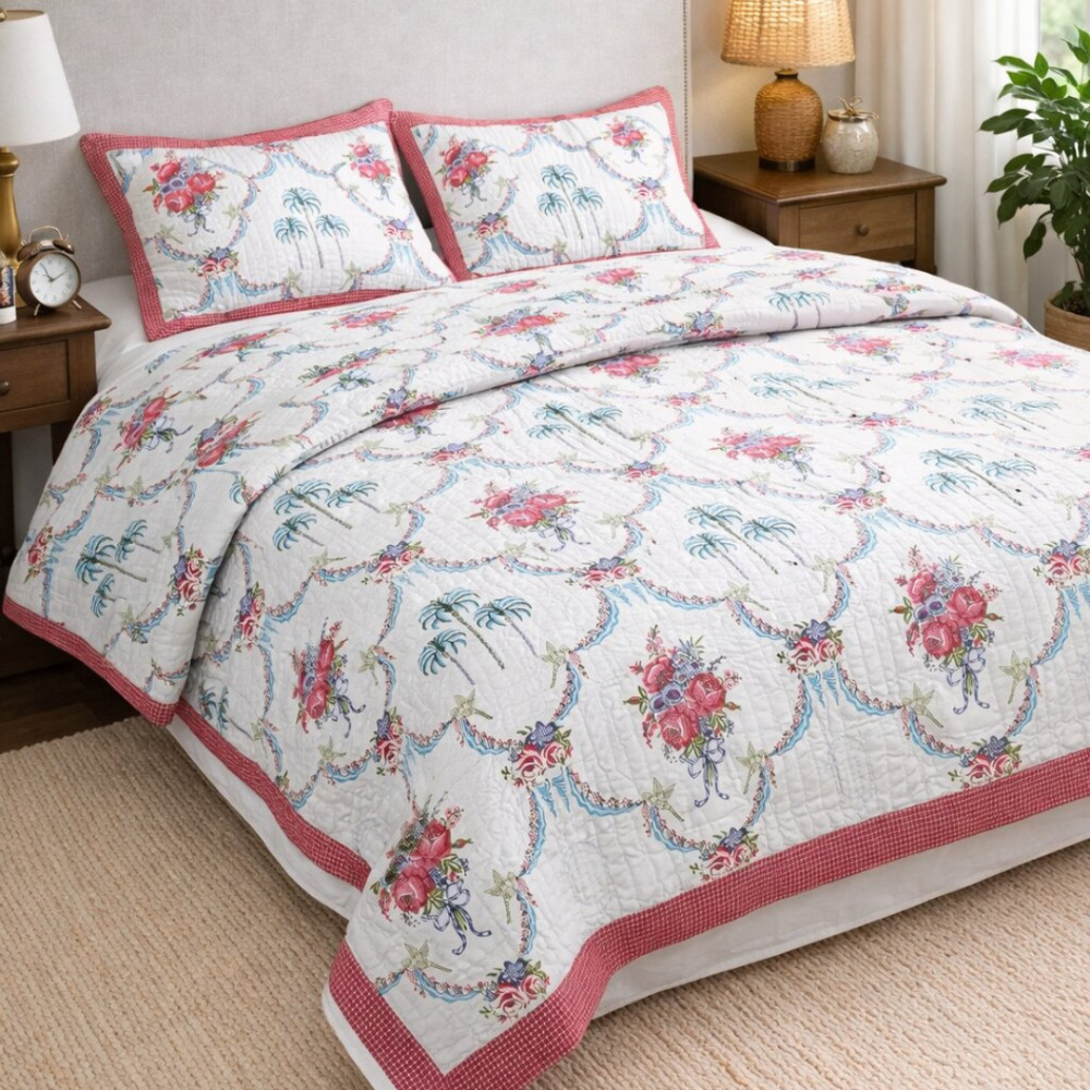 Image of Scallop Floral Print Pure Cotton Quilted Bedcover