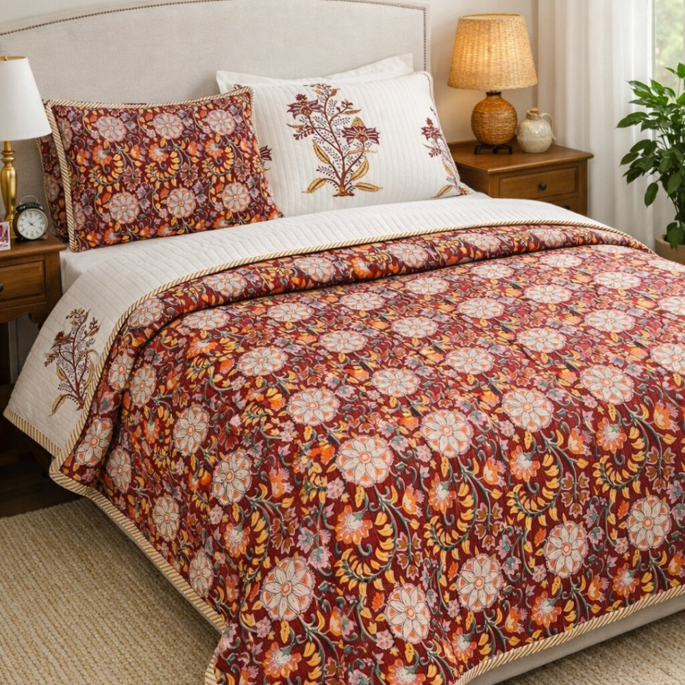 Image of Jaipuri Rust Pure Cotton Quilted Bedcover