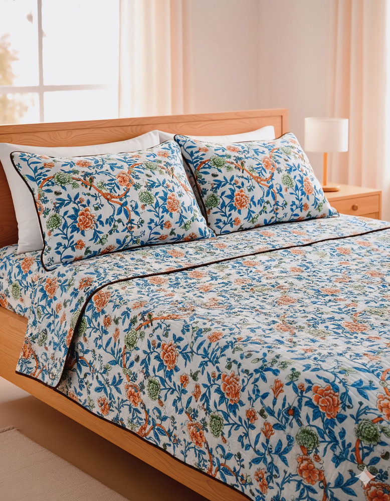 Image of Floral Jaal Pure Cotton Quilted Bedcover