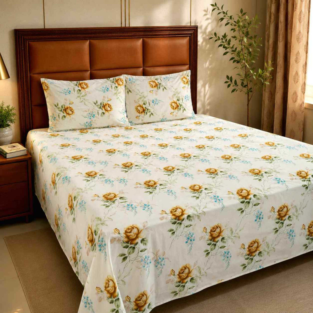 Image of Golden Bloom Pure Cotton Super King Size Bedsheet