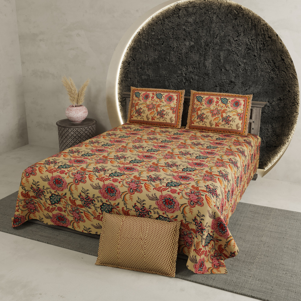 Image of Golden Bloom Pure Cotton Super King Size Bedsheet