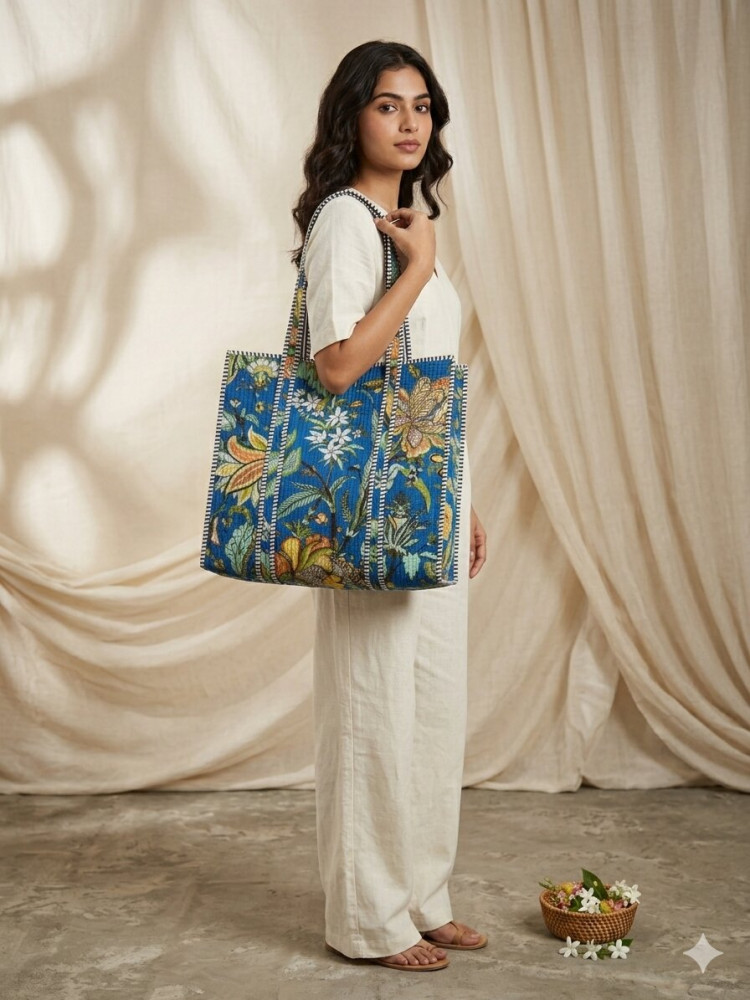 Image of Indigo Bloom Cotton  Quilted Tote Bag with zip clousure