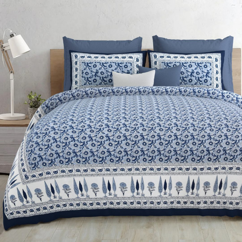 Image of Indigo Blossom Super King Size  Cotton Bedsheet
