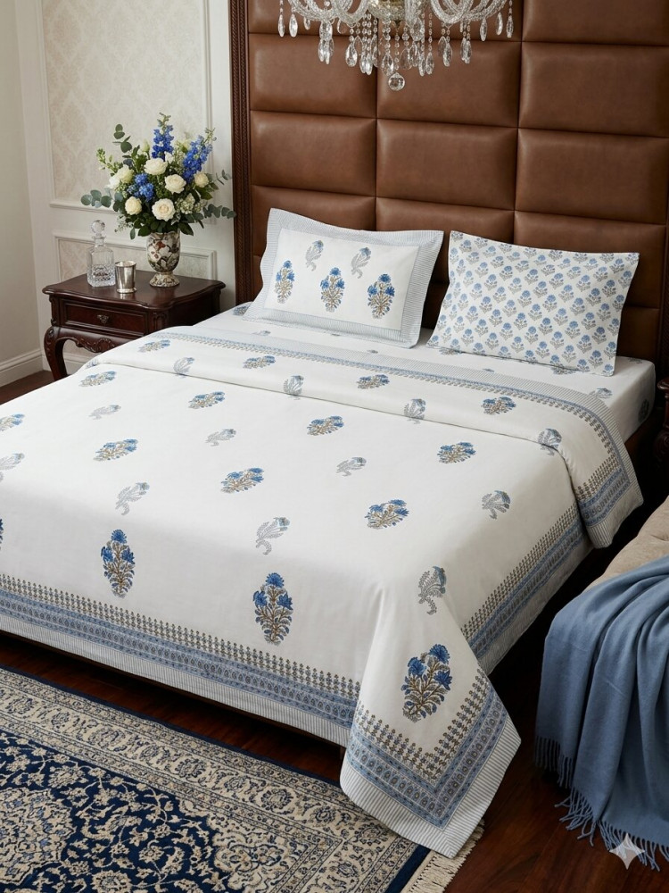 Image of Indigo Bouquet Handblock King Size Bedsheet