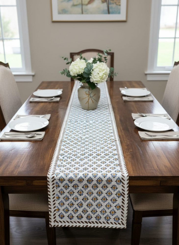 Image of Indigo Buti Handblock Canvas Cotton Table Runner