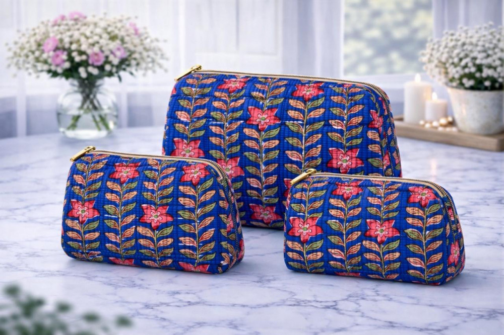 Image of Indigo Floral Cotton Quilted Utility Pouch Set of 3