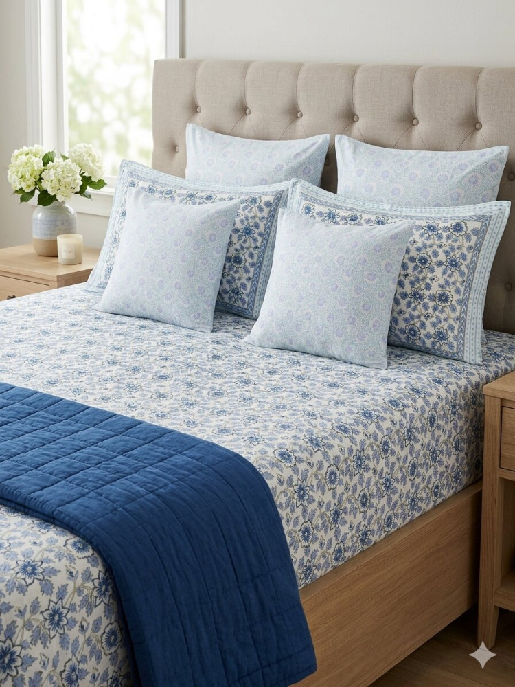 Image of Indigo Garden Handblock King Size Bedsheet