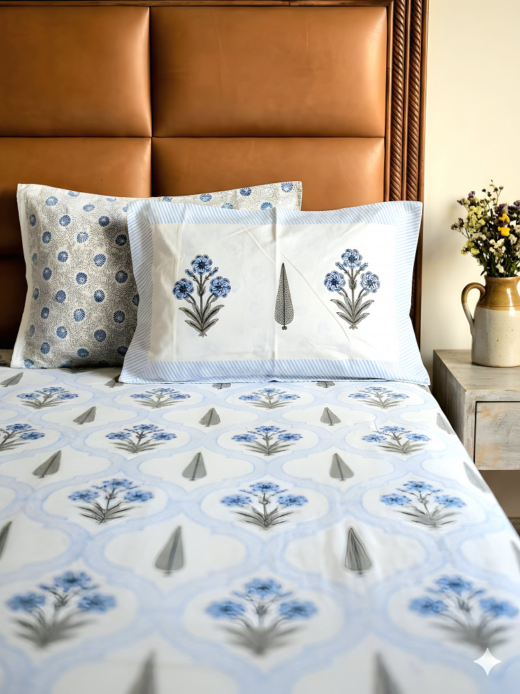 Image of INDIGO JHAROKHA Percale Cotton Handblock King Size Bedsheet