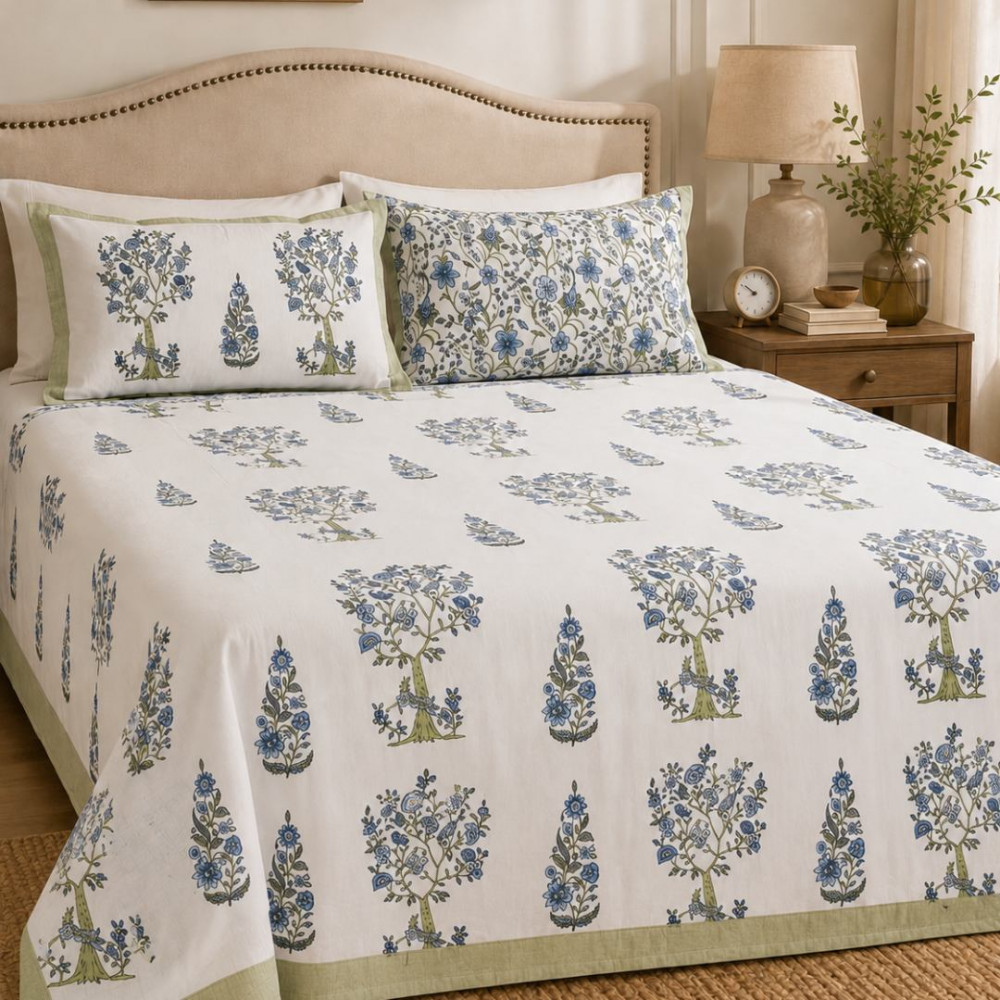 Image of Indigo Orchard Percale Cotton Handblock Super King Size Bedsheet