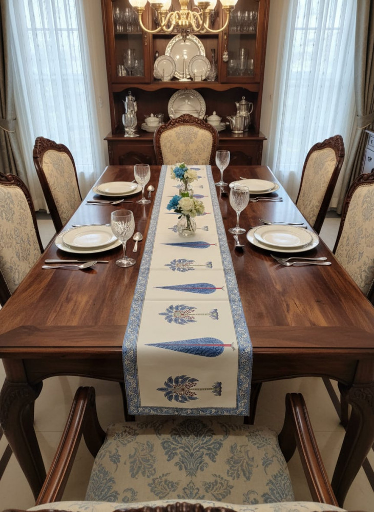 Image of Indigo Palm Handblock Canvas Cotton Table Runner