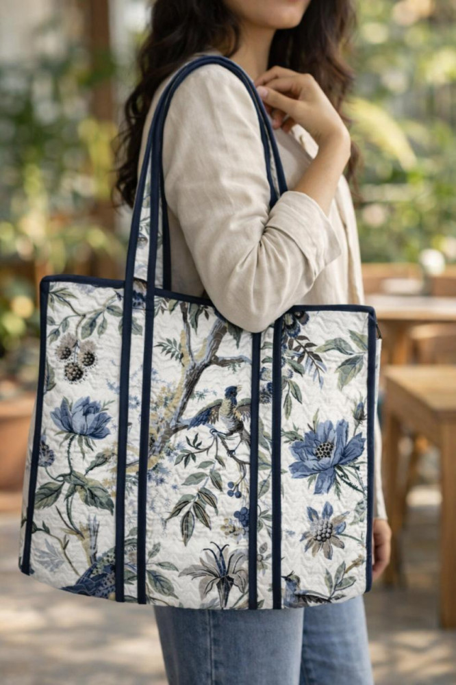 Image of Indigo Petal Cotton  Quilted Tote Bag with zip clousure