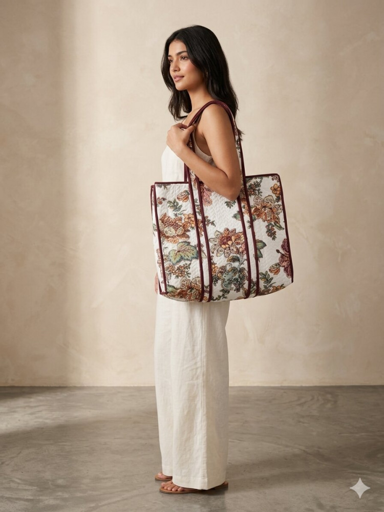 Image of Ivory Garden Cotton  Quilted Tote Bag with zip clousure