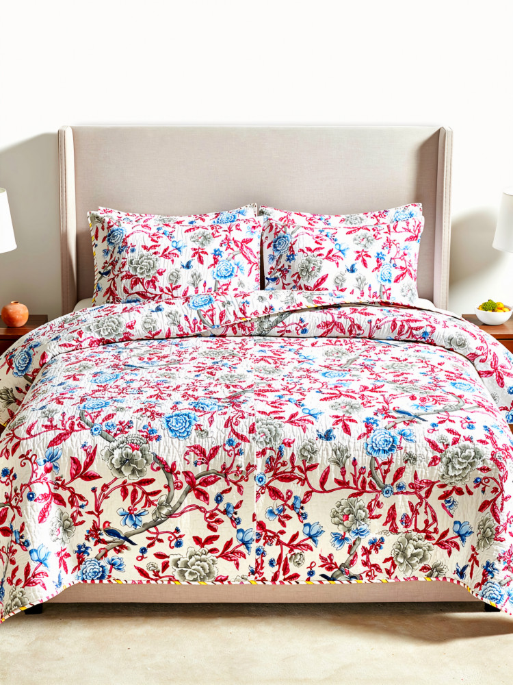 Image of Jaipuri Pink Pure Cotton Quilted Bedcover with Bird Motifs