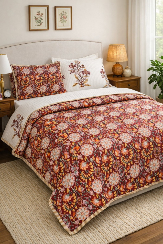 Image of Jaipuri Rust Pure Cotton Quilted Bedcover