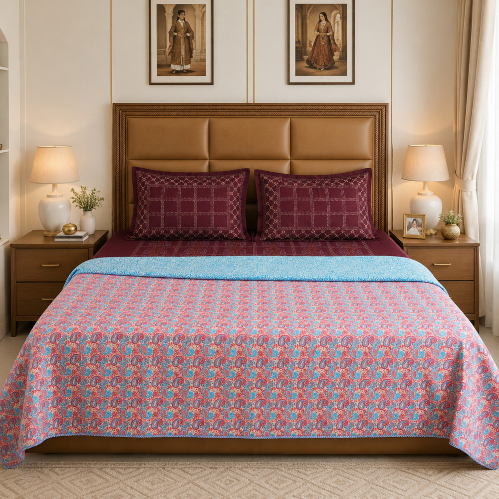 Image of Royal Turquoise Pure Cotton Reversible Dohar | Double Bed 90x108 inches