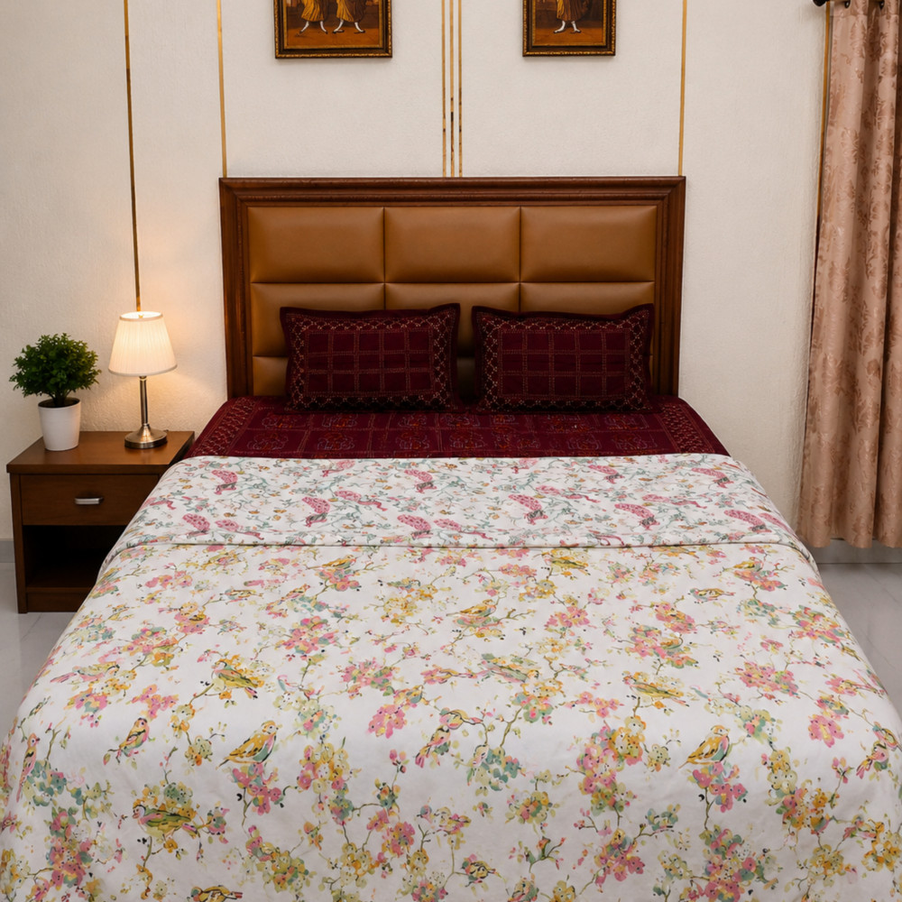 Image of Spring Birdsong Pure Cotton Reversible Dohar | Double Bed 90x108 inches