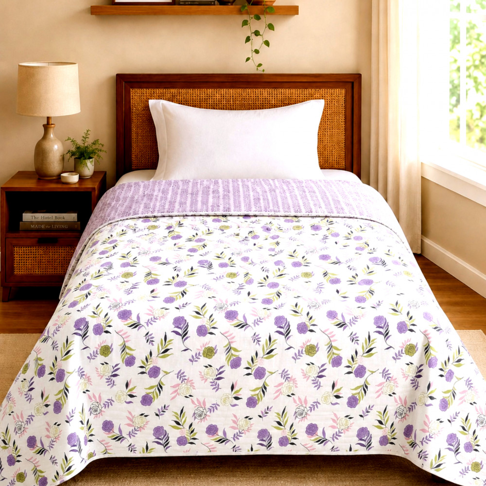 Image of Lavender Bloom Pure Cotton Reversible Dohar | Single Bed 60 x 90 inches