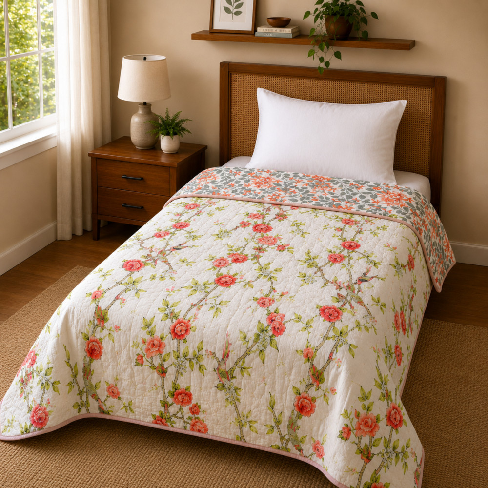 Image of Coral Vines Pure Cotton Reversible Dohar | Single Bed 60 x 90 inches