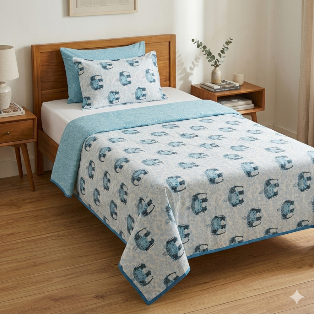 Image of Blue Elephant Pure Cotton Reversible Dohar | Single Bed 60 x 90 inches