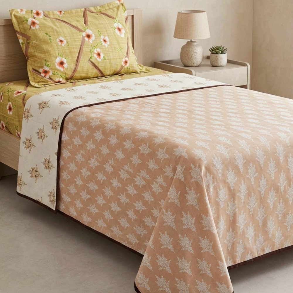 Image of Peach Fern Pure Cotton Reversible Dohar | Single Bed 60 x 90 inches