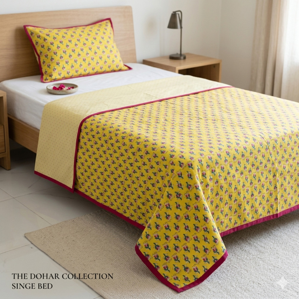 Image of Sunheri Phool Pure Cotton Reversible Dohar | Single Bed 60 x 90 inches