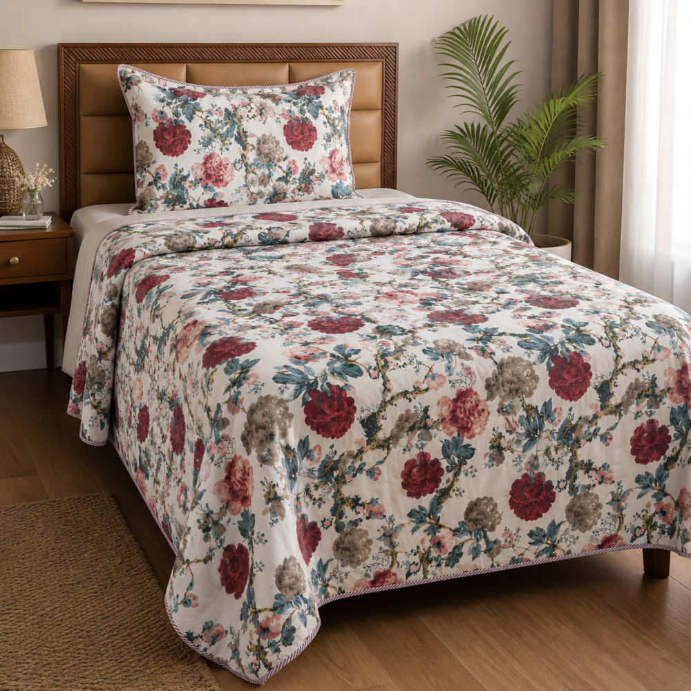 Image of Ruby Garden Pure Cotton Reversible Dohar | Single Bed 60 x 90 inches