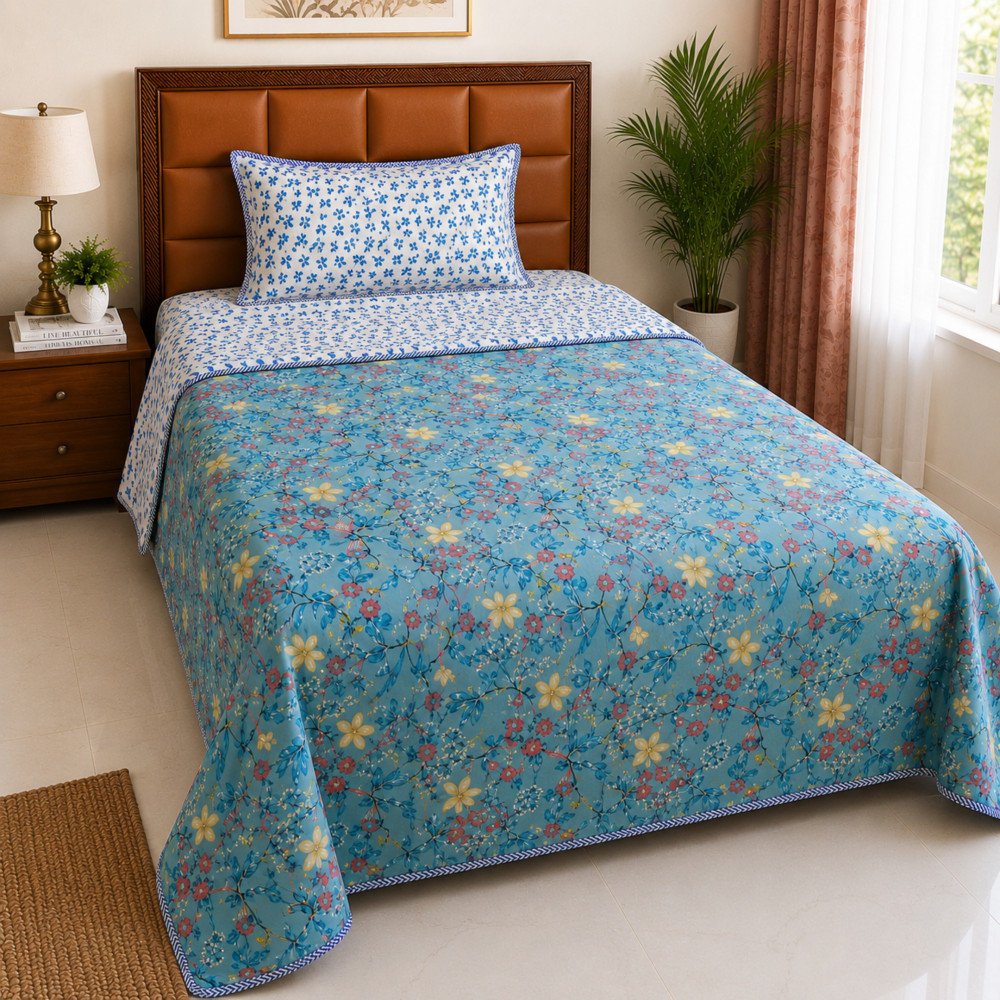 Image of Sky Flora Pure Cotton Reversible Dohar | Single Bed 60 x 90 inches