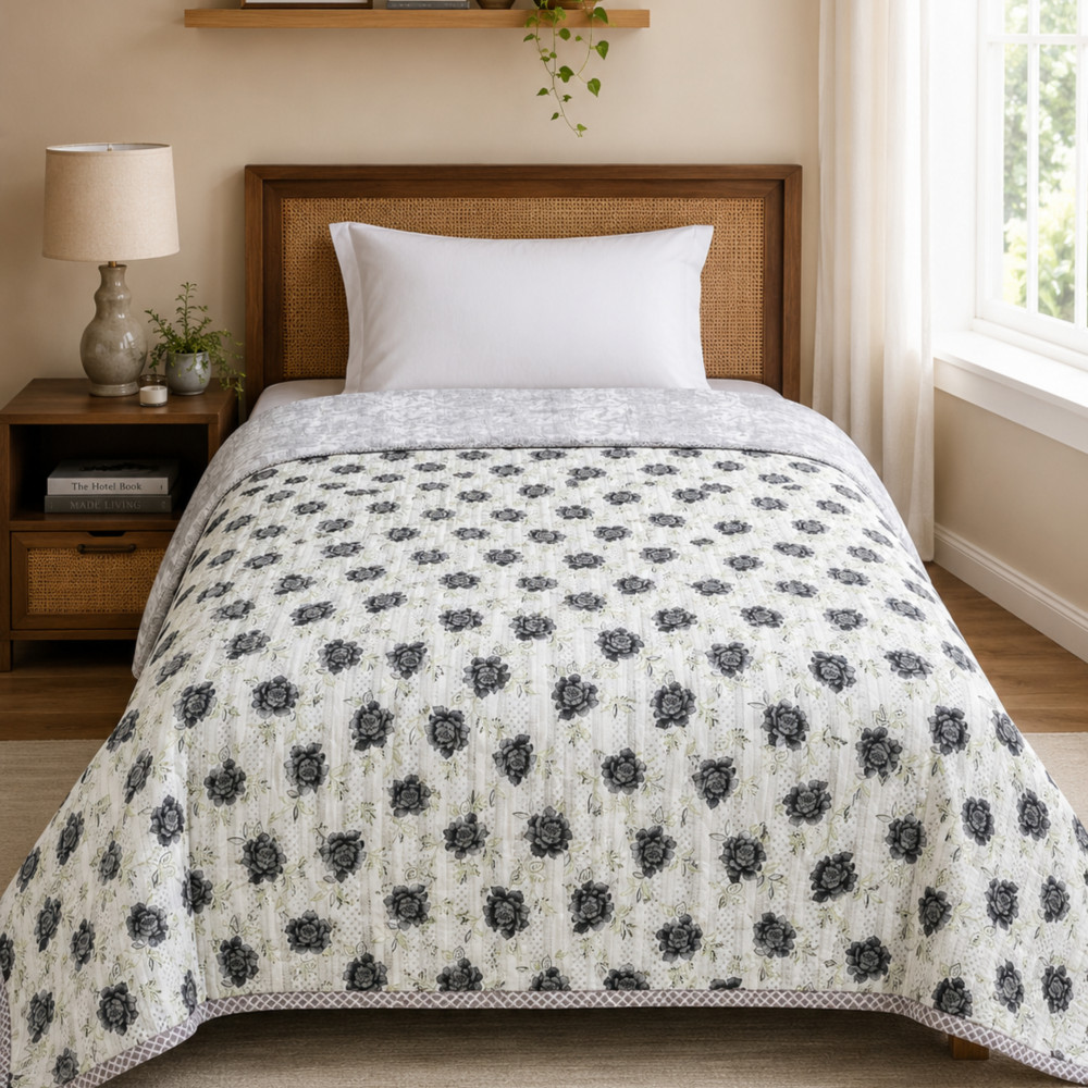 Image of Charcoal Rose Pure Cotton Reversible Dohar | Single Bed 60 x 90 inches