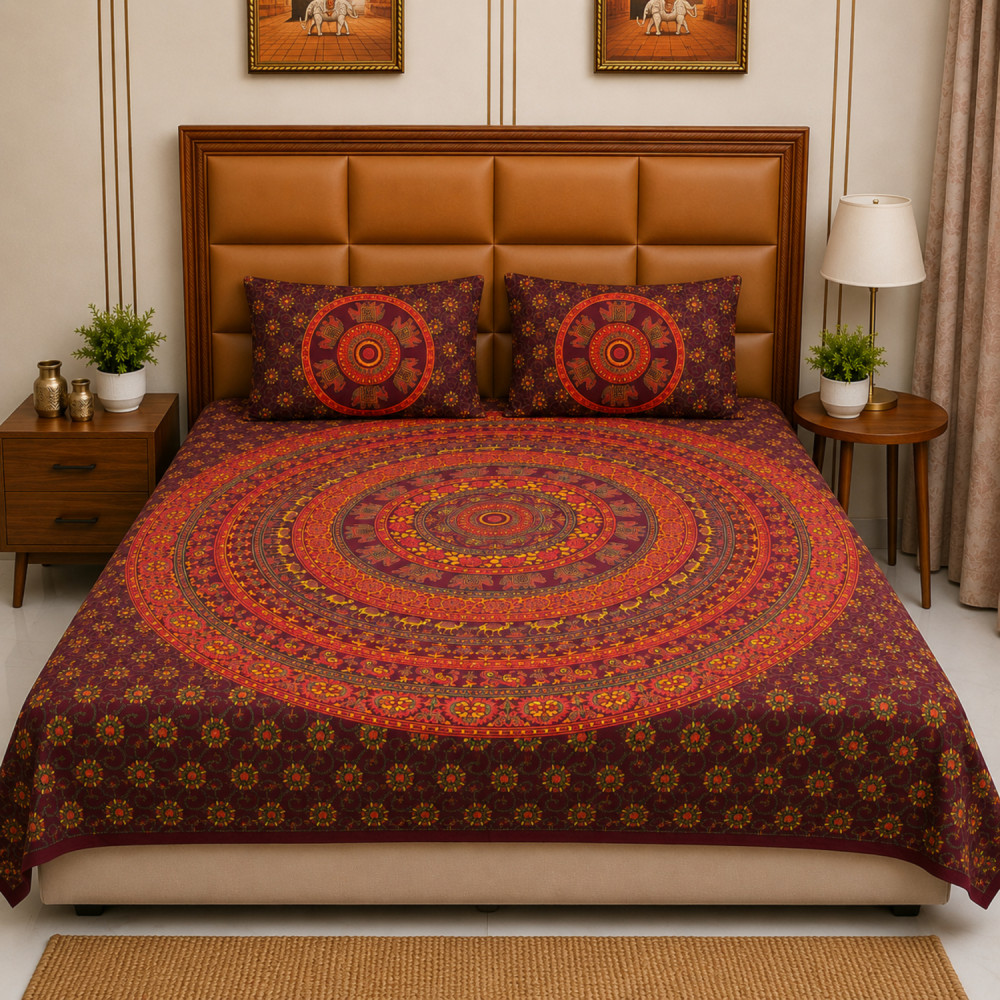 Image of Kumkum Mandala Pure Cotton Queen Size Bedsheet