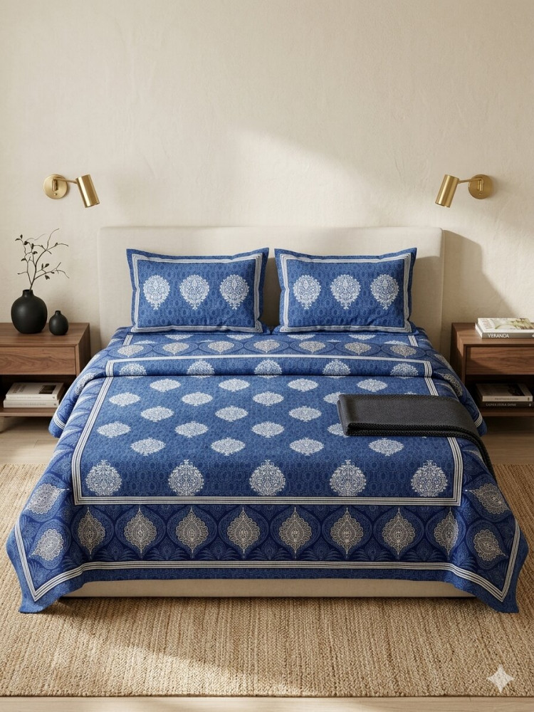 Image of Leaf Sapphire Queen Size Bedsheet